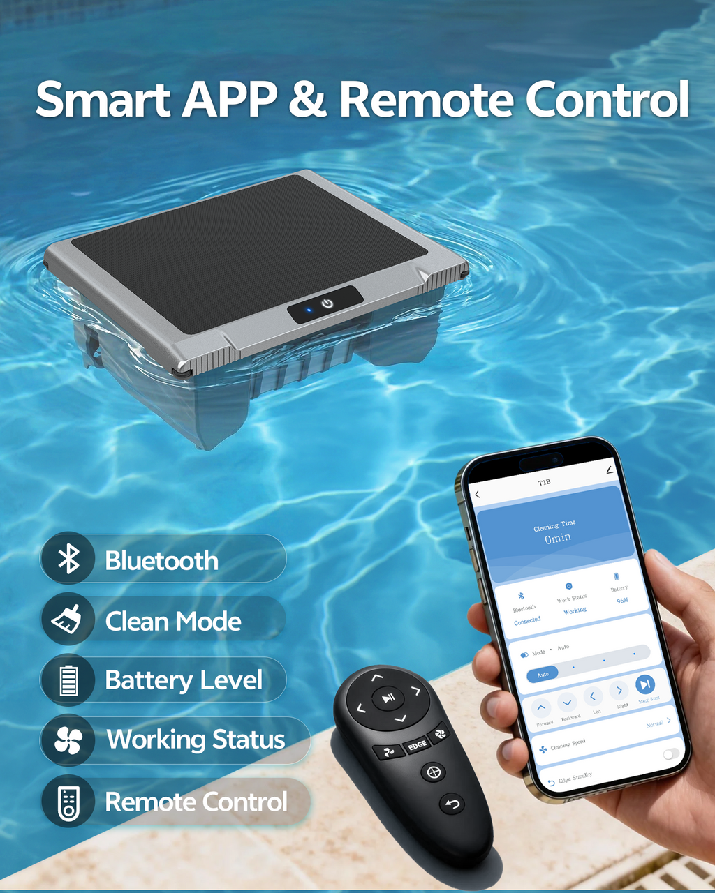 i-Clyner T1B Solar Powered Pool Skimmer Robot, Automatic Robotic Pool Surface Skimmer Cleaner with 24/7 Cleaning, Dual Charging Modes, Auto-Dock, Above-Ground & Inground Pools (Gray)